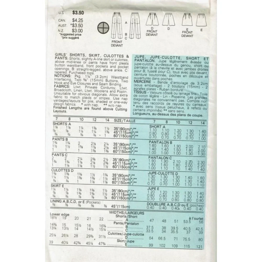 Butterick Sewing Pattern 6803 Shorts Skirt Culottes Pants‎ Girls Size 7